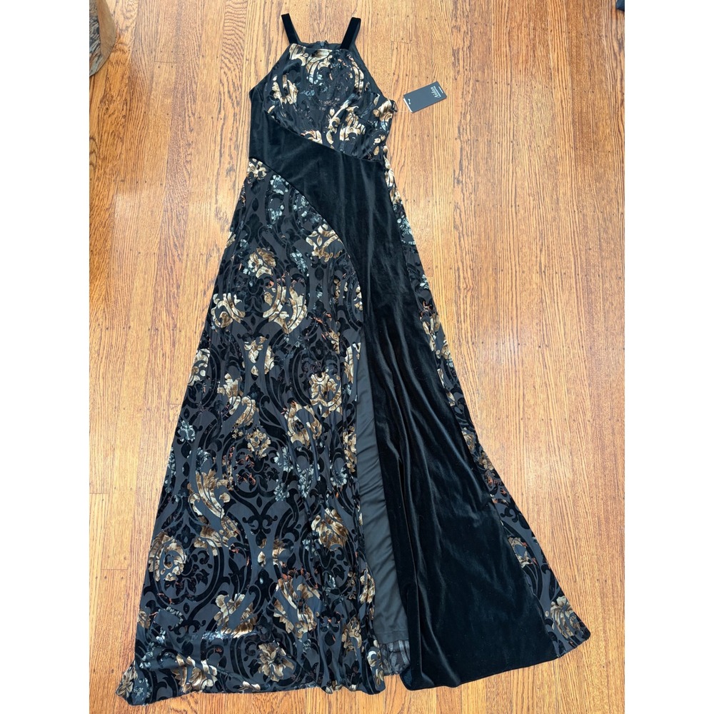 Aidan Mattox Velvet Burnout Halter Gown Black Gold Size 2 NWT Dark Romantic
